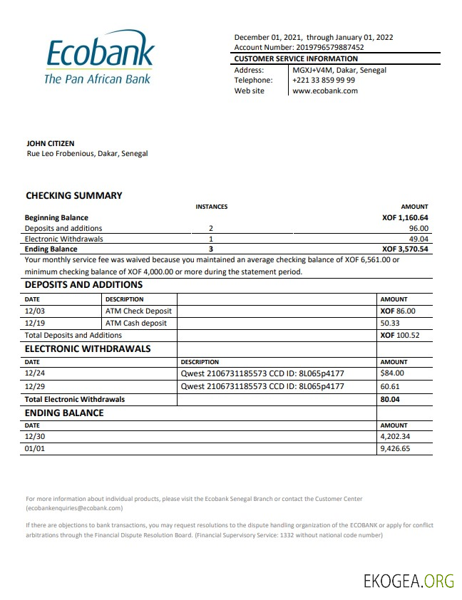 Relevé bancaire Ecobank Sénégal